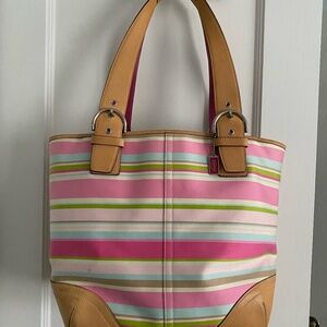 Coach Vintage Hamptons Pink Green Stripe Tote Shoulder Bag